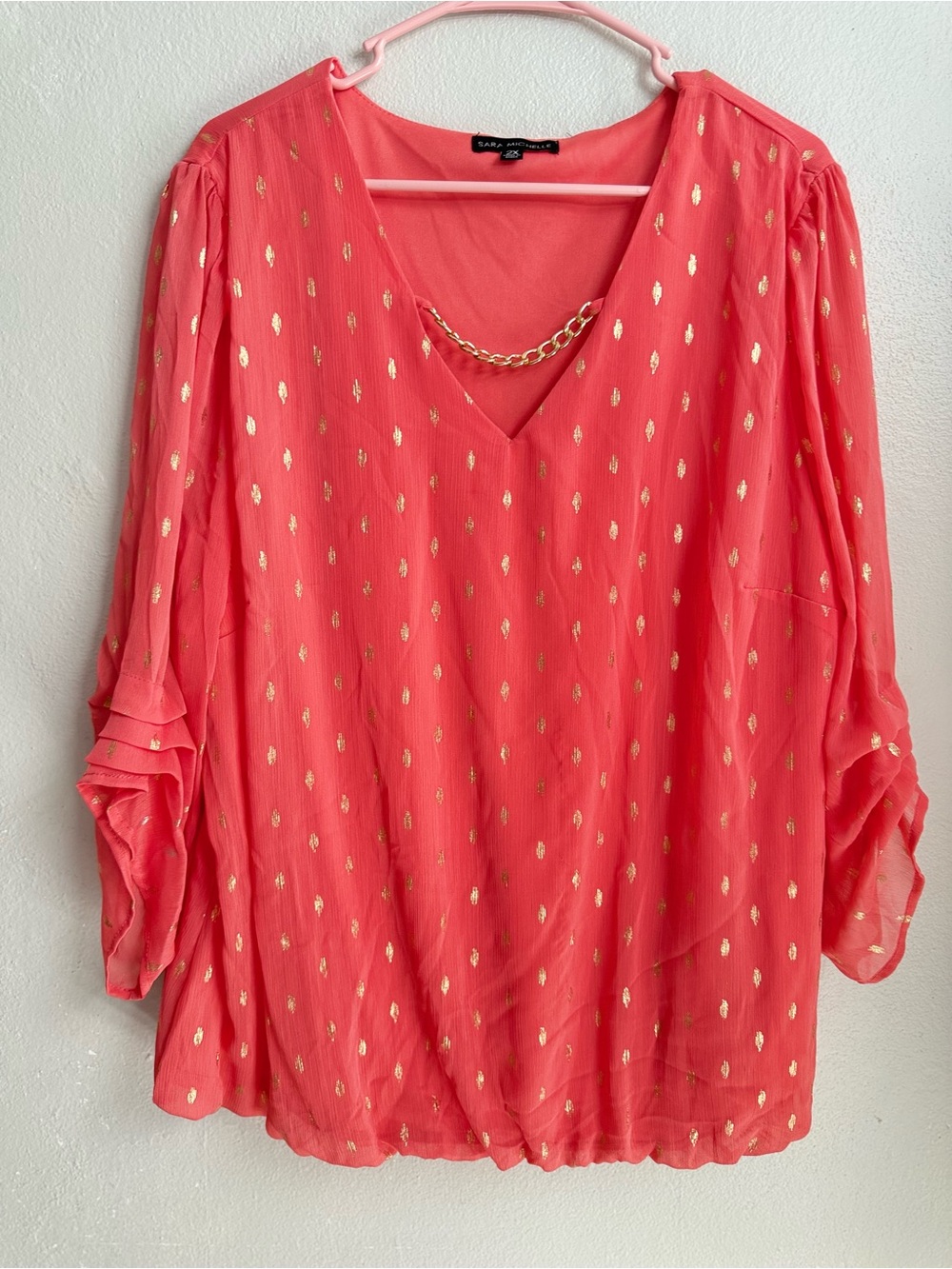 Sara Michelle Coral Blouse with Gold Chain Detail